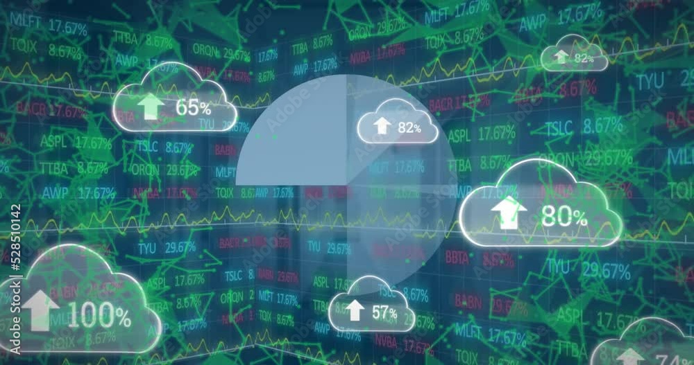 Poster animation of clouds with uploading globe and icons rotating over globe rotating with numbers process
