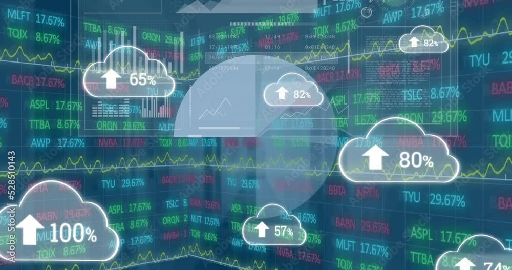 Poster animation of clouds with growing number and data processing globe