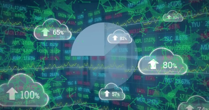 Animation of clouds with uploading globe and icons rotating over globe rotating with numbers process