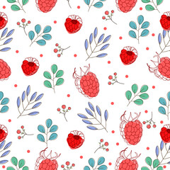 Tropical summer fruit pattern. colourful pattern.Vector design with Raspberries, Raspberries and flowers.