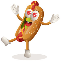 Cute hotdog mascot playful and happy. Perfect for food store, small business or e-Commerce, merchandise and sticker, banner promotion, food review blog or vlog channel