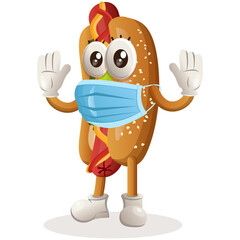 Cute hotdog mascot wearing medical mask, protect from covid-19. Perfect for food store, small business or e-Commerce, merchandise and sticker, banner promotion, food review blog or vlog channel