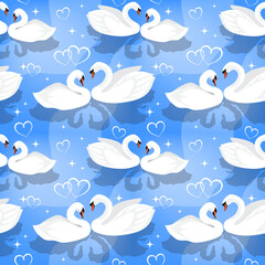 Beautiful white swans in pairs on a blue background with hearts. Romantic siamless pattern, vector illustration © Marya