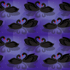 Beautiful black swans in pairs on a dark purple background with stars. Romantic seamless pattern, vector illustration