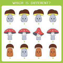 Simple logic game for kids. Find the odd one in the group. Vector worksheet