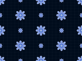 Fototapeta na wymiar Flower cartoon character seamless pattern on blue background. Pixel style