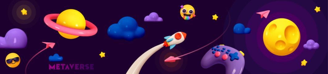 Futuristic Background cosmic space creative design. Abstract horizontal banner concept game metaverse. Realistic 3d cartoon style planets, space game gamepad, rocket flying in sky. vector illustration © lauritta