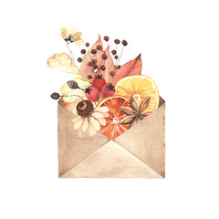 Envelope with dried citrus slices, branches, leaves and flowers. Floral autumn decoration, romantic message, fall symbols, watercolor isolated illustration for greeting or invitation cards.