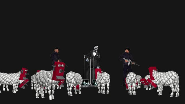 Corrupt Clown Politician Guarded By Armed Forces Talking To a Brainless Sheep Crowd, Loop Alpha Channel