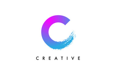 Purple Blue Letter C Logo Icon Design with Rounded Shape and Artistic Brush Stroke Ending and Green Blue Electric Color Vector