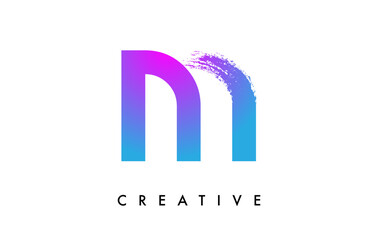 Purple Blue Letter M Logo Icon Design with Rounded Shape and Artistic Brush Stroke Ending and Green Blue Electric Color Vector