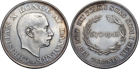 DENMARK, Christian X, 2 Kroner 1945, King’s 75th Birthday, UNC