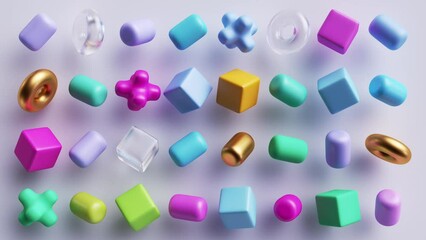 3d animation, collection of spinning assorted colorful geometric shapes, isolated on white background - Powered by Adobe