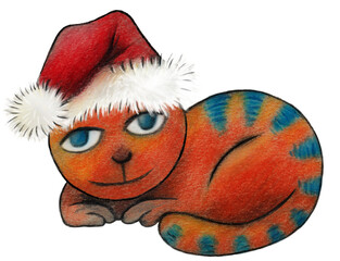 Cat with Santa Claus hat lying down. Illustration made with colored pencils of a cute cat wearing a Santa Claus hat on his head.