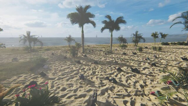 Drone view of casual people with heads in the sand, unwilling to recognize a problem, 4K