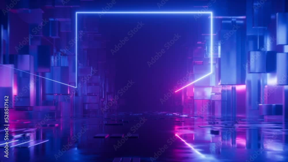 Poster looping 3d animation, abstract ultraviolet background with geometric shapes and moving glowing neon 