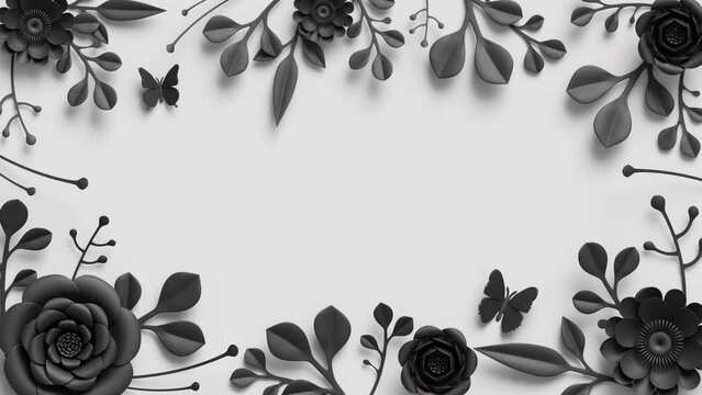abstract 3d animation, floral frame with copy space, black paper flowers appearing and growing, dramatic botanical elements isolated on white background