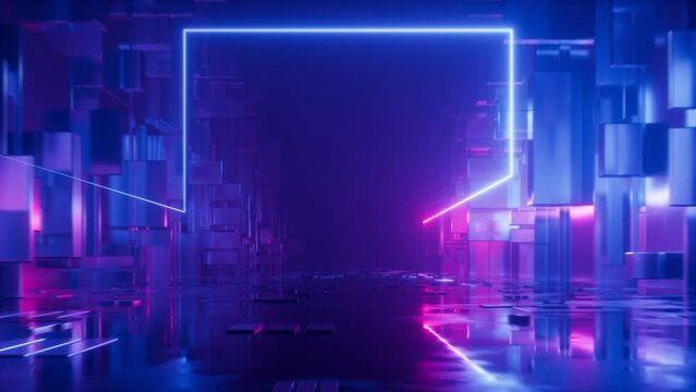 looping 3d animation, abstract ultraviolet background with geometric shapes and moving glowing neon line, flight forward