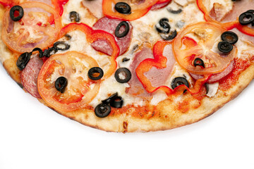 Pizza Close Up with ham, salami, sweet red pepper, olives, and cheese isolated on white background. Copyspace. Top view