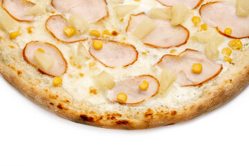 Pizza Close Up with ham, pineapple, corn, sause, and cheese isolated on white background. Copyspace. Top view
