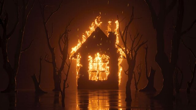 3d animation, abstract black background with burning house and trees on fire. Force majeure concept. Property accident insurance