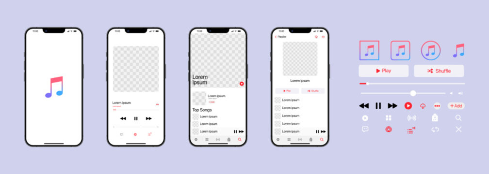 Apple music interface. Music app. Application template on Iphone mockup. Subscription music player. Profile, Song, Album, Playlist. Pause, note, search, play and shuffle buttons. Editorial vector