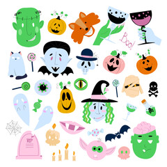 Bright funny  halloween set.Vector elements isolated on white background.
