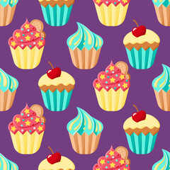 Cupcakes vector seamless pattern. Cartoon colorful desserts on purple backdrop