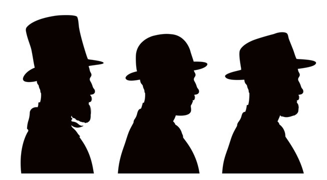 Profile silhouettes of handsome young men wearing three different vintage hats and clothes.  