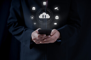 Business man holding smart phone use for cloud network computing