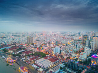 Aerial panoramic cityscape view of Ho Chi Minh city and Saigon river, Vietnam. Center of heart...