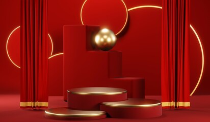 3D rendering of blank product background for cream cosmetics Modern red podium background