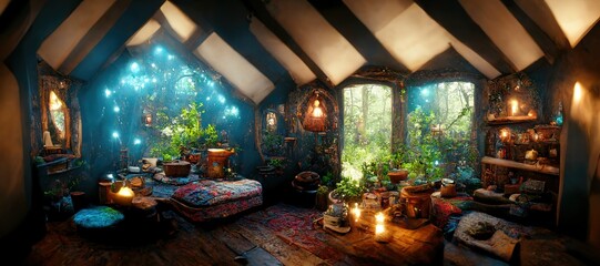 Spectacular picture of interior of a fantasy medieval cottage, full with plants furniture and enchanted light. Digital art 3D illustration. - obrazy, fototapety, plakaty