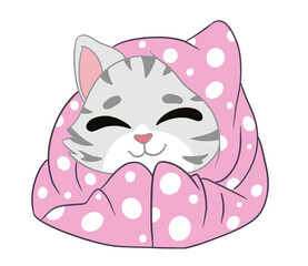 The beautiful and super cute American Shorthair cat is wrapped in soft pink banquet acts as a full smile, happy and good emotion. Doodle and cartoon art.