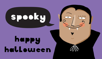 Funny Vampire with Long Moustache. Cute Hand Drawn Halloween Vector Illustration with Vampire in a Black Cape on a Violet Background. Infantile Style Halloween Art ideal for Card, Poster, Banner.