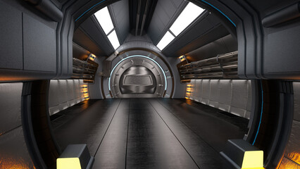 View of a science fiction space ship corridor through and open doorway. 3D illustration. © IG Digital Arts