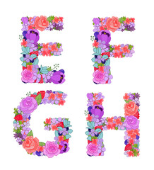 colorful flowers arrangement in capital letter shape. set of typ