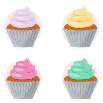 set of muffins, cupcakes with colorful fillings and frosting in white paper in cartoon style