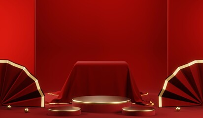 3D rendering of blank product background for cream cosmetics Modern red podium background