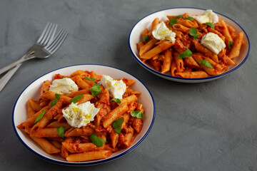 Homemade Penne Alla Vodka With Bacon, Cheese and Basil