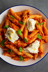 Homemade Penne Alla Vodka With Bacon, Cheese and Basil. Close-up.