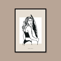 Woman silhouette minimal bohemian travel illustration poster design for wall art gallery 