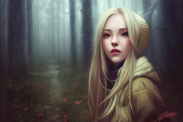 Fototapeta premium girl alone in spooky forest, digital painting