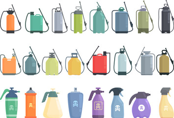 Pesticide sprayer icons set cartoon vector. Pressure garden. Lawn tank