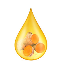 Drop of Turmeric (Curcuma longa Linn) essential oil  with slided insinde isolated on white background. Clipping path.