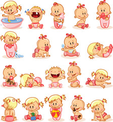 Vector illustration set of cute baby girls in the cartoon style