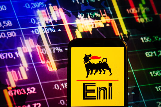 KONSKIE, POLAND - September 04, 2022: Smartphone displaying logo of ENI company on stock exchange chart background