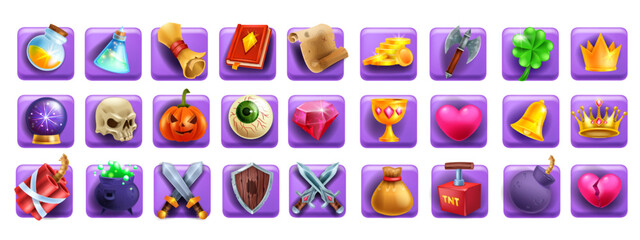 3D game icon set, slot machine cartoon element, magic UI badge kit, golden coin, witch potion, book. Reward resource object, sword shield, dynamite, tnt, warrior weapon. Fantasy game icon collection