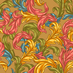 Decorative floral seamless pattern in baroque style. Colorful curling plant.