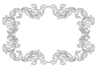 Decorative floral frame in baroque style. Engraved black curling plant.